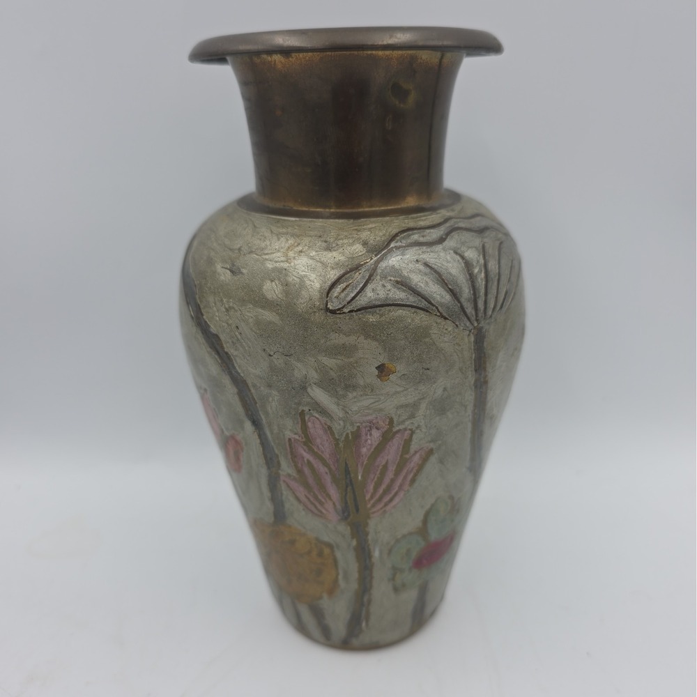 VINTAGE BRASS ENAMEL CLOISONNE FLORAL FLOWERS VASE MADE IN INDIA